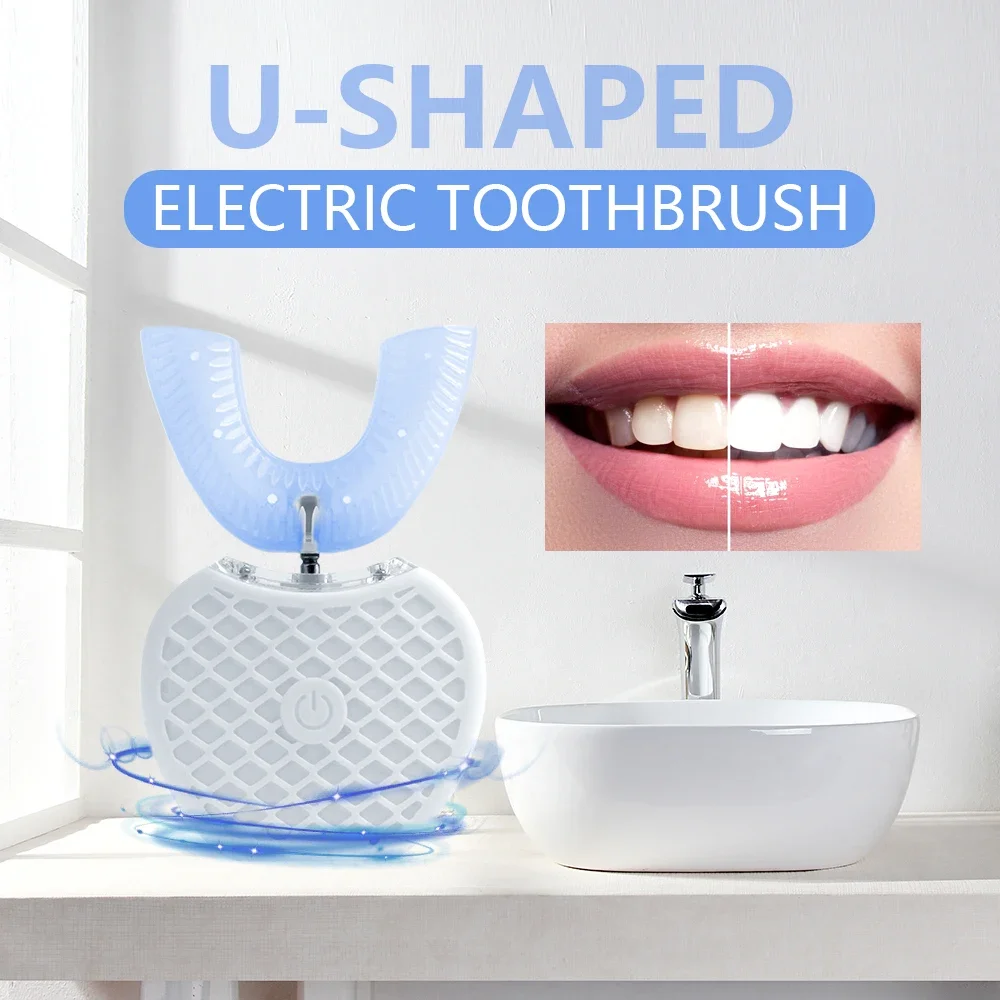 Teeth Whitening Toothbrush - 超音波電動歯ブラシ 大人用 自動U字型フルマウス360 ° クリーンティースホワイトニング IPX7防水