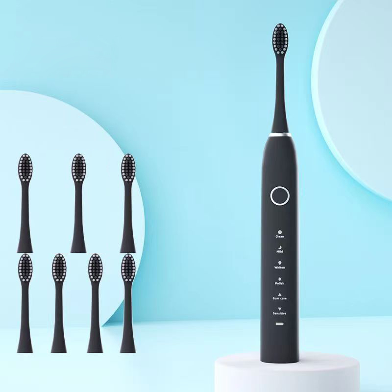Teeth Whitening Toothbrush - 6 モード電動音波歯ブラシ USB 充電式大人用超音波歯ブラシ 4/8 交換ヘッド付きスマートタイマー