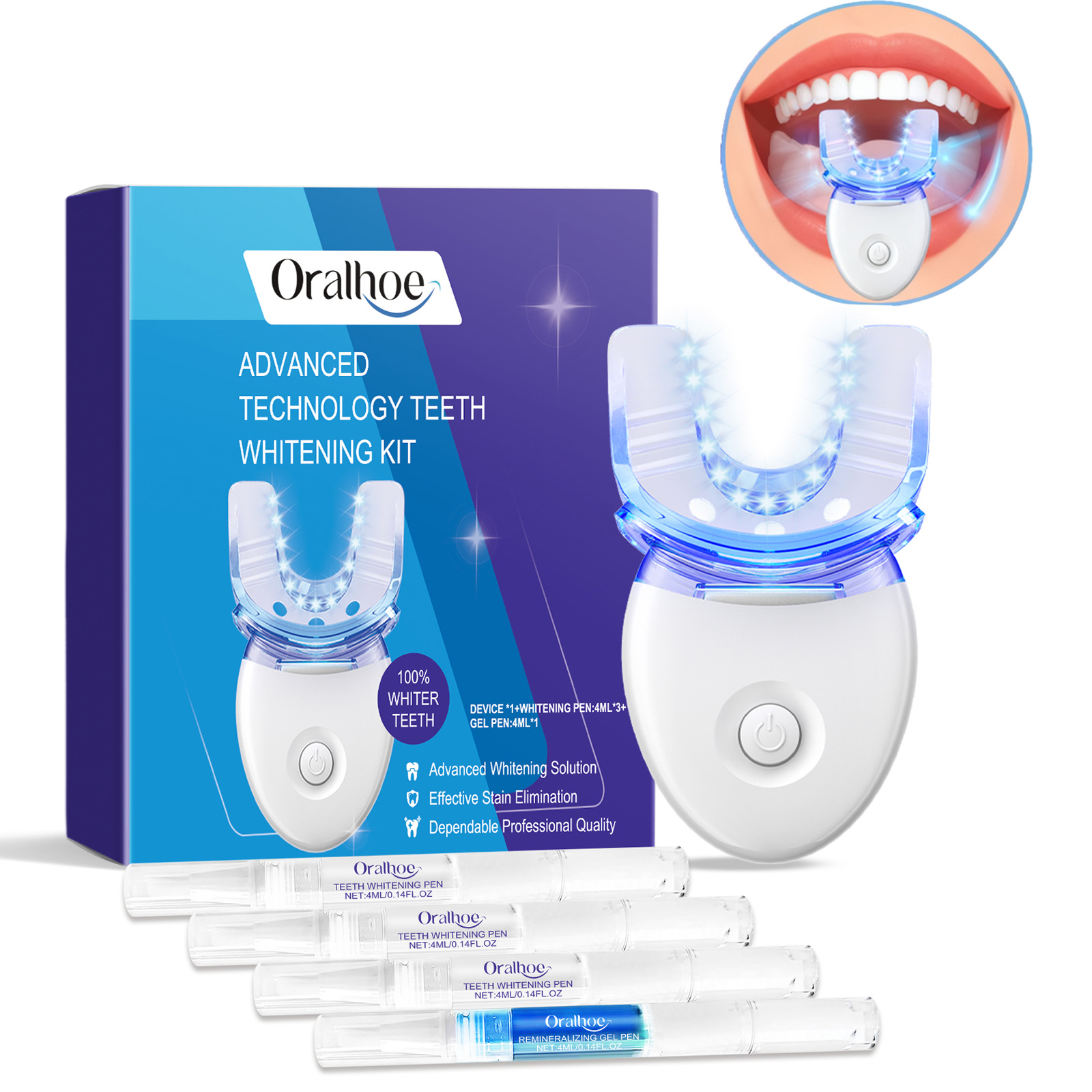 Teeth Whitening Gel - プロフェッショナルな歯のホワイトニングLEDライトキット、4倍のホワイトニングジェル、加速ホワイトニングシステム、白い笑顔のためのブルーライトツール